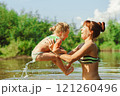 mom and child swim in the river 121260496