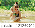 mom and child swim in the river 121260504