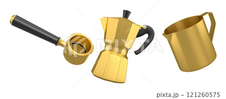 Set of espresso coffee machine horn, pitcher cup and geyser coffee make on white Set of espresso coffee machine horn, pitcher cup and geyser coffee make on white 121260575