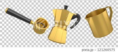 Set of espresso coffee machine horn, pitcher cup and geyser coffee make on white Set of espresso coffee machine horn, pitcher cup and geyser coffee make on white 121260575