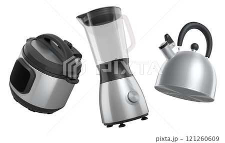 Kitchen appliances and utensils for making breakfast on white background 121260609
