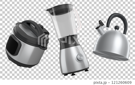 Kitchen appliances and utensils for making breakfast on white background 121260609
