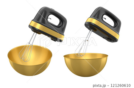 Metal bowl with electric mixer kitchen appliance for blending on white table Metal bowl with electric mixer kitchen appliance for blending on white table 121260610