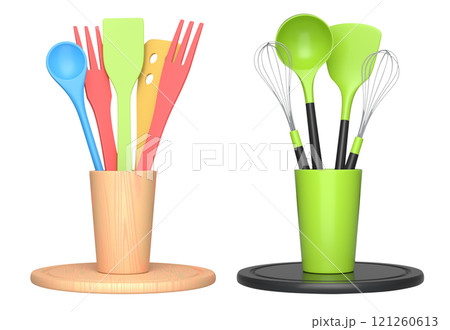 Wooden kitchen utensils, tools and equipment in holder on white background. 121260613
