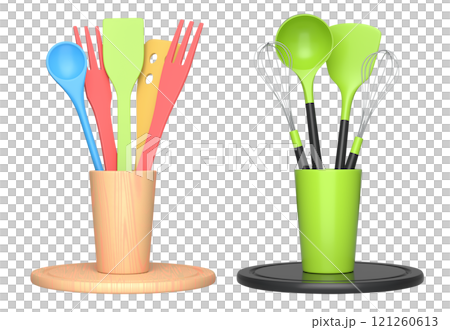 Wooden kitchen utensils, tools and equipment in holder on white background. 121260613