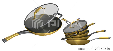 Set of stewpot, frying pan and chrome plated cookware on white background Set of stewpot, frying pan and chrome plated cookware on white background 121260616
