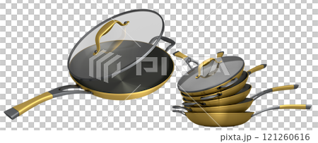 Set of stewpot, frying pan and chrome plated cookware on white background 121260616