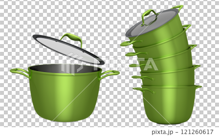 Set of stewpot, frying pan and chrome plated cookware on white background 121260617