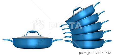 Set of stewpot, frying pan and chrome plated cookware on white background Set of stewpot, frying pan and chrome plated cookware on white background 121260618
