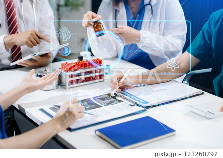 Medical technology, team doctor use AI robots for diagnosis and increasing accuracy patient treatment in future. doctor hand working with tablet, computer Medical technology, team doctor use AI robots for diagnosis and increasing accuracy patient treatment in future. doctor hand working with tablet, computer 121260797
