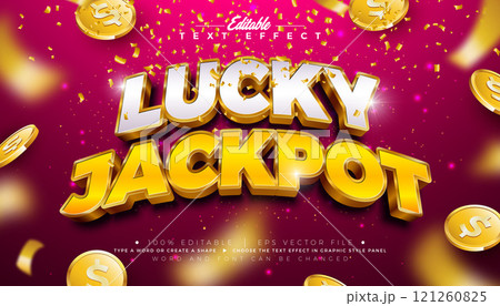 Lucky Jackpot 3D Text Effect Design Editable and Scalable Vector Graphic Style Effect with Shadow and Gold White Typography Lettering, Casino Coin and Falling Confetti on Red Background. Premium Lucky Jackpot 3D Text Effect Design Editable and Scalable Vector Graphic Style Effect with Shadow and Gold White Typography Lettering, Casino Coin and Falling Confetti on Red Background. Premium 121260825
