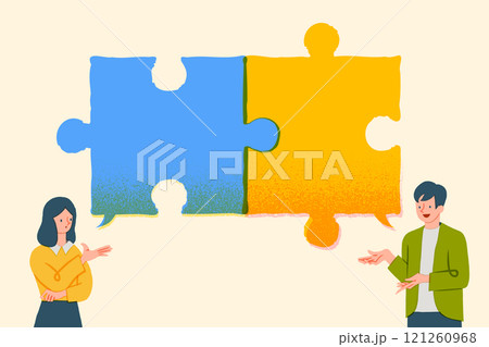 パズルを組み立てる男女、話し合いで問題を解決するイメージイラスト 121260968