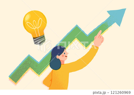 上昇する矢印と指さす女性、目標に向かって進む人のイメージイラスト 121260969
