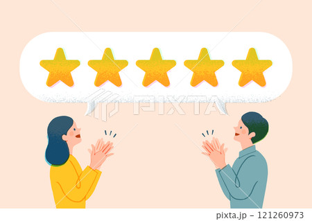 星5つの評価を付けて拍手をする男女、顧客満足度のイメージイラスト 121260973