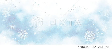 白い雪の結晶と抽象的な青い水彩画の背景 白い雪の結晶と抽象的な青い水彩画の背景 121261068