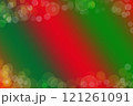 Abstract blurred background for Christmas cards with typical red-green changing stripes in diagonal direction with a slight gradient in shades. Frame of yellow round dots of light, bokeh effect 121261091