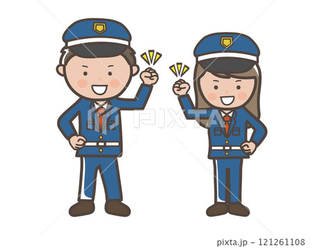 ガッツポーズでやる気満々の男女警備員の全身イラスト 121261108