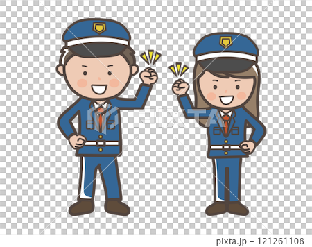 Full-body illustration of male and female security guards full of motivation with fist pump 121261108