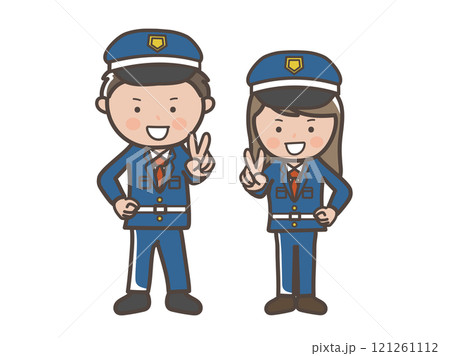 笑顔でピースをする男女警備員の全身イラスト 121261112