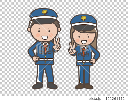 笑顔でピースをする男女警備員の全身イラスト 121261112