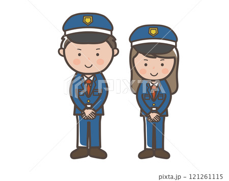 接客ポーズで挨拶する男女警備員の全身イラスト 121261115