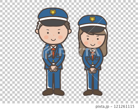 接客ポーズで挨拶する男女警備員の全身イラスト 121261115