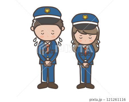 大汗をかいて謝る男女警備員の全身イラスト 121261116