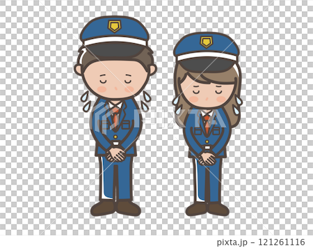 大汗をかいて謝る男女警備員の全身イラスト 121261116