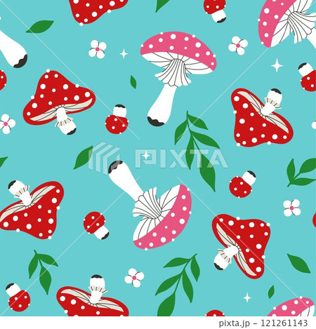 Seamless pattern with fly agarics and leaves on a blue background. Vector graphics 121261143