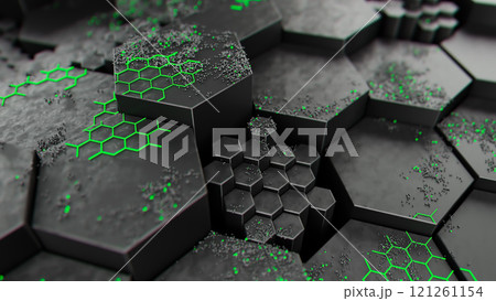 Neon Green Hexagonal Pattern on Dark Surface 121261154