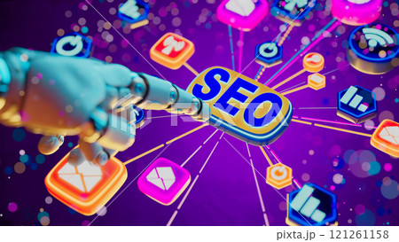 Robotic Hand Pressing SEO Button Amid Colorful Digital Marketing Icons. Robotic Hand Pressing SEO Button Amid Colorful Digital Marketing Icons. 121261158