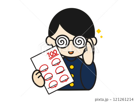 100点の答案を持つぐるぐる眼鏡をかけた男子学生 121261214