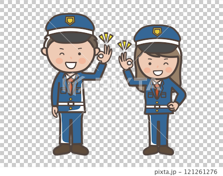 Full-body illustration of male and female security guards giving OK signs of understanding 121261276