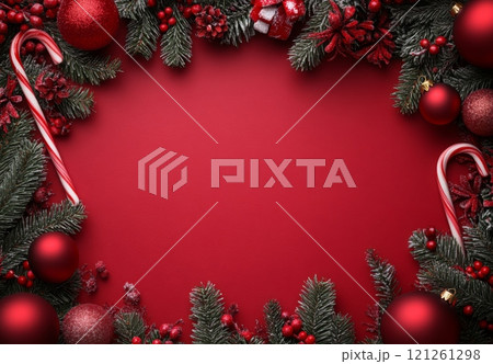 キャンディーケーンで飾られた赤いクリスマスの背景 121261298