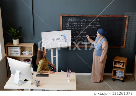 High angle shot of young Muslim woman writing on chalkboard completing multiple choice task while answering in class at English language school 121261378