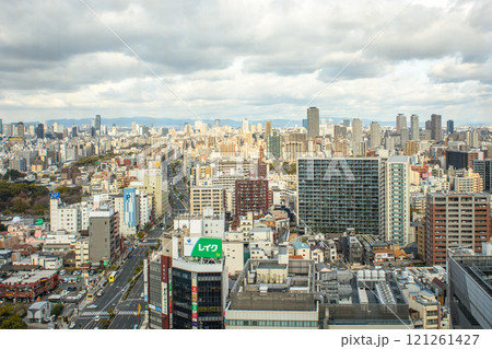 Downtown cityscape of Osaka, aerial view from Abeno Harukas skyscraper in Osaka, Japan 121261427
