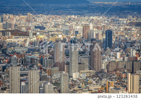 Downtown cityscape of Osaka, aerial view from Abeno Harukas skyscraper in Osaka, Japan Downtown cityscape of Osaka, aerial view from Abeno Harukas skyscraper in Osaka, Japan 121261438