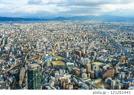 Downtown cityscape of Osaka, aerial view from Abeno Harukas skyscraper in Osaka, Japan 121261443