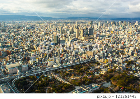 Downtown cityscape of Osaka, aerial view from Abeno Harukas skyscraper in Osaka, Japan Downtown cityscape of Osaka, aerial view from Abeno Harukas skyscraper in Osaka, Japan 121261445