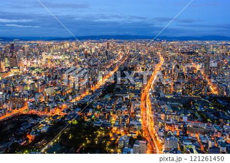 Downtown cityscape of Osaka, aerial view from Abeno Harukas skyscraper in Osaka, Japan 121261450