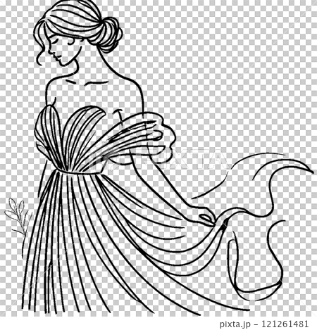 一個穿著婚紗的女人的線條畫插圖 121261481