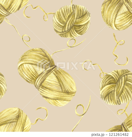 Skein of knitting thread seamless pattern Green yellow colour ball of yarn clipart Watercolor hand drawn illustration in realistic cozy style. Handmade fabric design isolated beige coloured background 121261482