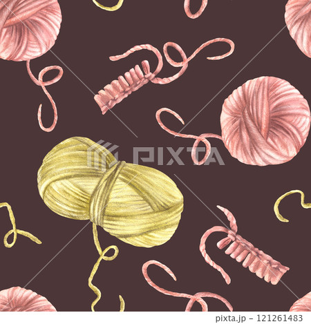 Watercolor Ball of yarn, skein of knitting thread seamless pattern Pink, yellow, green balls, knitted elements. Hand drawn illustration for hobby needlework packing. Isolated dark coloured background  121261483