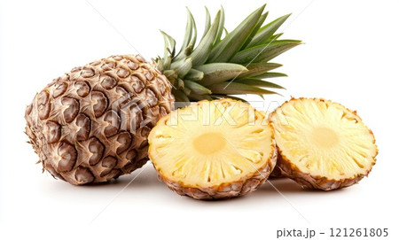 Fresh whole pineapple with two juicy slices Fresh whole pineapple with two juicy slices 121261805