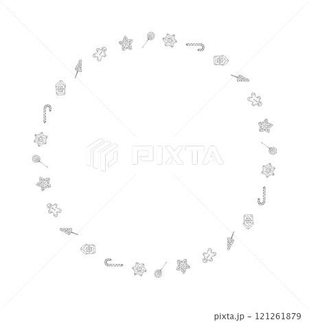 Vector illustration of a festive round frame made up of sweet elements including stars, lollipops, gingerbread men, candy canes and Christmas trees. Perfect for holiday decorations, invitations, cards Vector illustration of a festive round frame made up of sweet elements including stars, lollipops, gingerbread men, candy canes and Christmas trees. Perfect for holiday decorations, invitations, cards 121261879