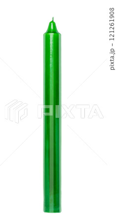 Green new wax candle isolated on white transparent background with stripe lighting highlights. Christmas symbols, religious holiday items, lighting for African holiday Kwanzaa 121261908