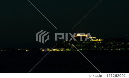 Night scene of Astros town with old castle Greece 121262001