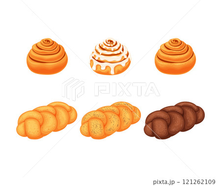 Cinnabons, buns and sweet buns. Sweet pastries with cinnamon. Flour products for breakfast. Vector illustration in cartoon style Cinnabons, buns and sweet buns. Sweet pastries with cinnamon. Flour products for breakfast. Vector illustration in cartoon style 121262109