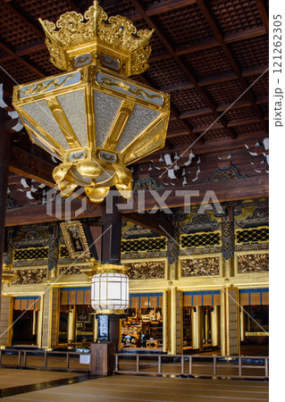Richly decorated interior of Higashi Honganji temple of Jodo Shin Buddhism in central Kyoto, Japan Richly decorated interior of Higashi Honganji temple of Jodo Shin Buddhism in central Kyoto, Japan 121262305