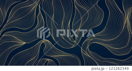 Vector line gold wave pattern, abstract luxury fluid ornament. Premium curve wallpaper, leaves art deco background. Flow banner 121262349